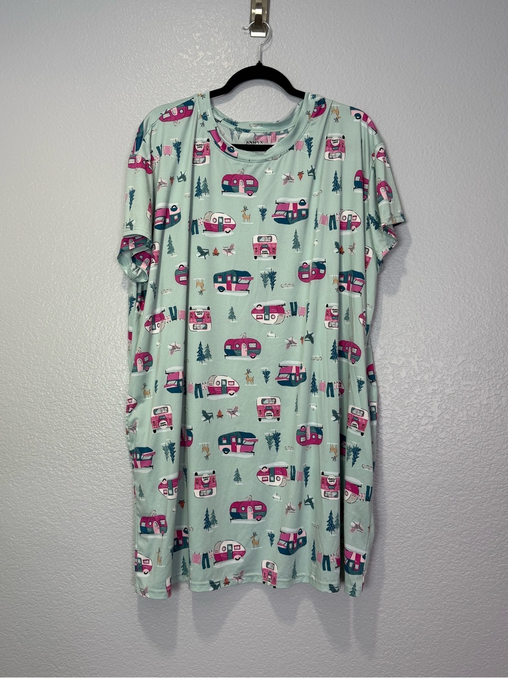 Joyspun Mint Camper Print Nightgown Tunic with Pink and Teal Camping Theme 2X-3X